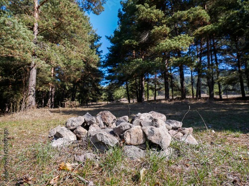 Rocks forming a fireplace in the pine woods , pine trees blue sky background.