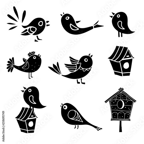 Birds, bird house cartoon set
