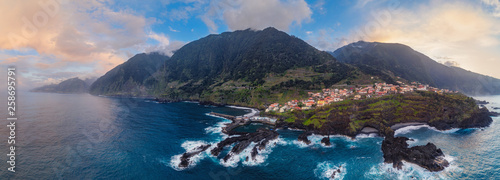 Beautiful mountain landscape of Seixal, Madeira island, Portugal, at sunset. Aerial panorama view.