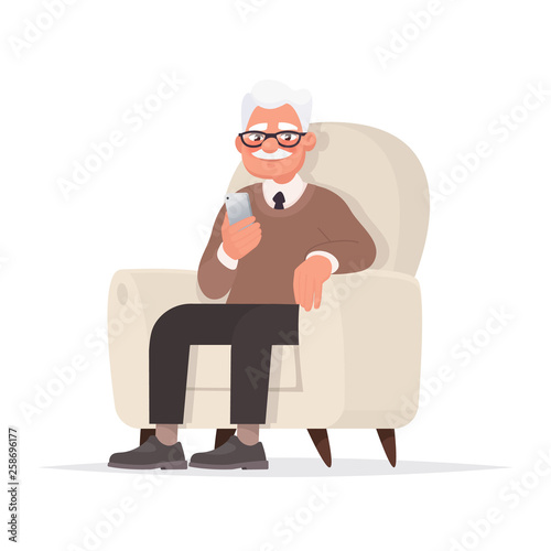 Grandfather sits in a chair and holds a phone in his hand. Vector illustration