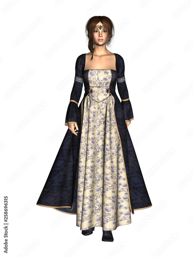 Youg woman in 18th century dress with train, full body. Isolated on white. 3D rendering. Youg woman in 18th century dress with train, full body. Isolated on white. 3D rendering.