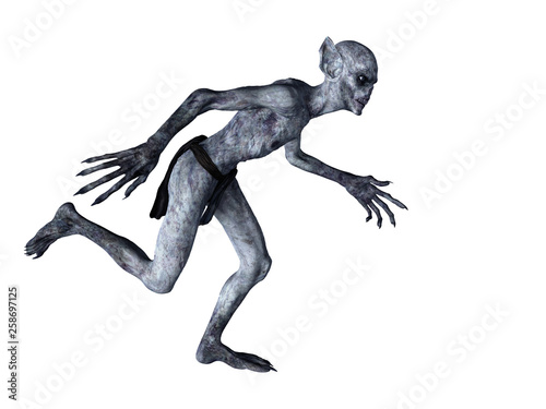 Zombie creature running, full body isolated on white. 3D rendering.