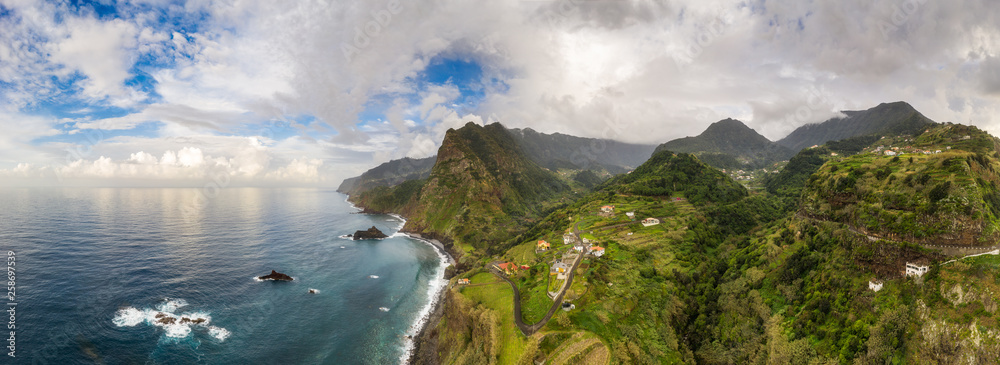 Obraz premium Beautiful mountain landscape of Madeira island, Portugal. Aerial panorama view.