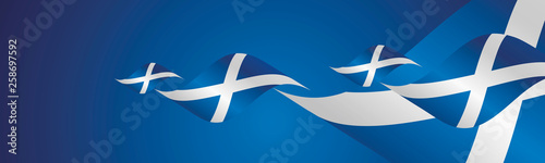 Scotland Saint Andrew's Day waving flags two fold blue landscape background