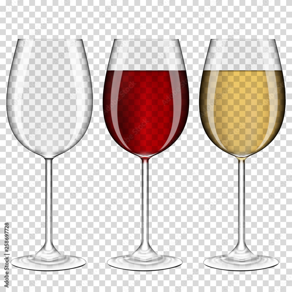 Set of realistic transparent wine glasses empty, with red and white wine,  isolated on transparent background. Stock Vector | Adobe Stock