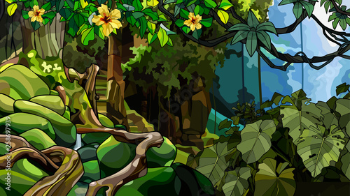 landscape jungle with an overgrown stone structure and with tropical plants