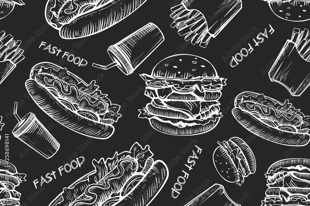 Burgers seamless pattern background. Hand drawn hamburger and french fries. Fast food, junk food pattern. American food. Burgers restaurant menu design. Hamburger sandwich sketch style.