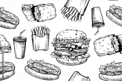 Burgers seamless pattern on white background. Hand drawn hamburger and french fries. Fast food, junk food pattern. American food. Burgers restaurant menu design. Hamburger sandwich sketch style.