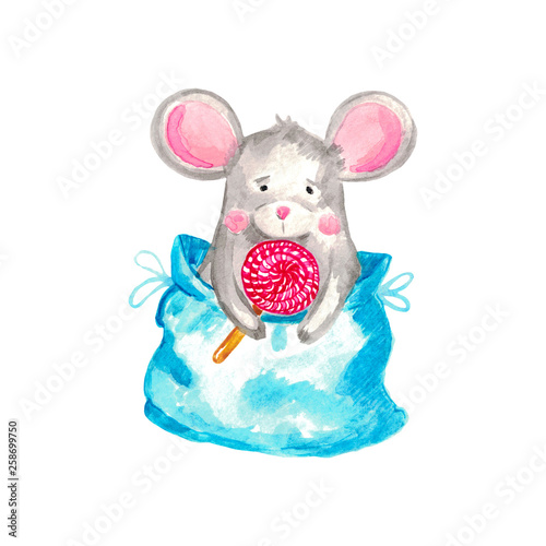 Watercolor illustration of a gray mouse on a white isolated background Hand-painted symbol of the year