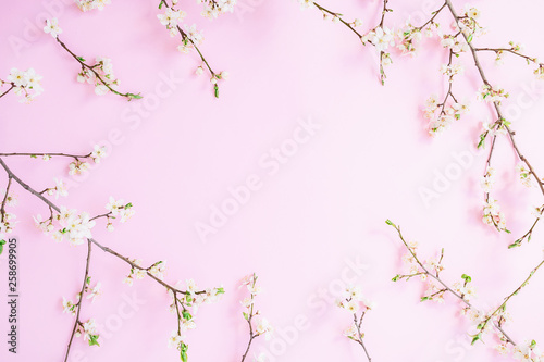 Floral frame with white flowers on pastel pink background. Flat lay