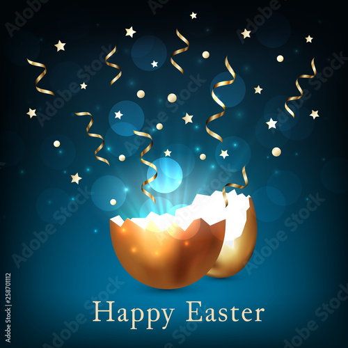 Broken golden easter egg with light and confetti on a dark blue background. Bokeh light and glare from a cracked golden shell. Happy easter concept. Vector, space for text