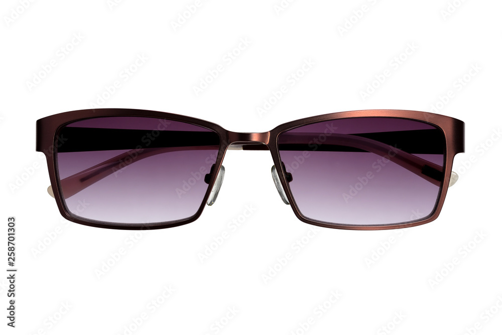 Stylish unisex metal sunglasses on a white background. Front view. Stylish unisex metal sunglasses on a white background. Front view.