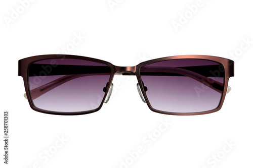 Stylish unisex metal sunglasses on a white background. Front view. 