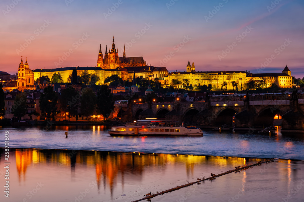 City Of Prague Twilight River View In Czechia
