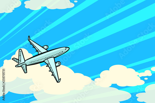 the plane is flying in the clouds. air transport aviation