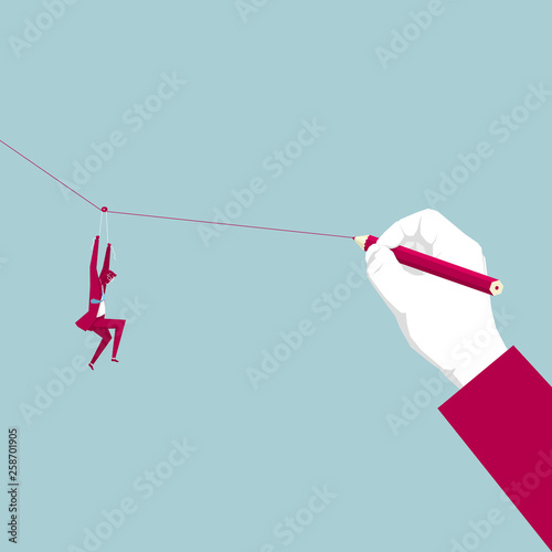 Business concept design. Businessman flees through the pulley. Isolated on blue background.