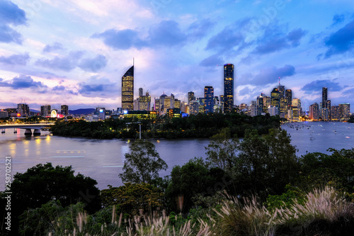 Brisbane city skyline and Brisbane River at dusk in Queensland  Australia