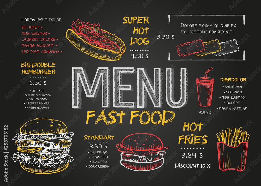 Restaurant Food Menu Design template with Chalkboard Background ...
