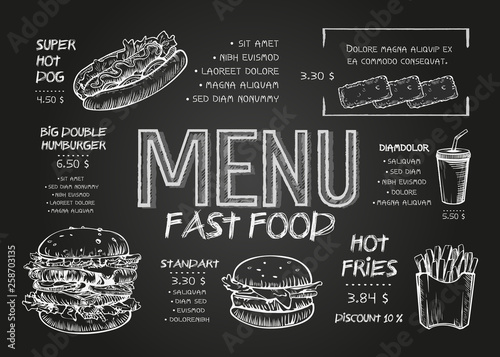 Restaurant Food Menu Design template with Chalkboard Background. Vintage chalk drawing fast food menu in vector sketch style.
