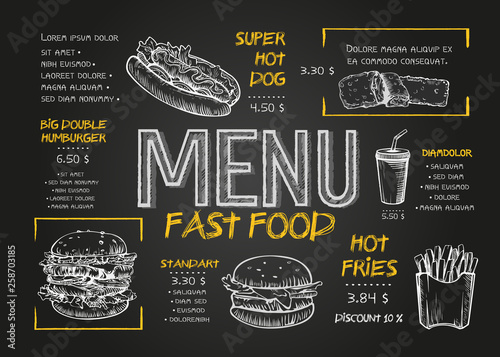 Fast food menu cover layout with breakfast, drinks, and other menu items on chalkboard. Fast food menu design and fast food hand drawn vector illustration. Restaurant menu template with burger sketch.