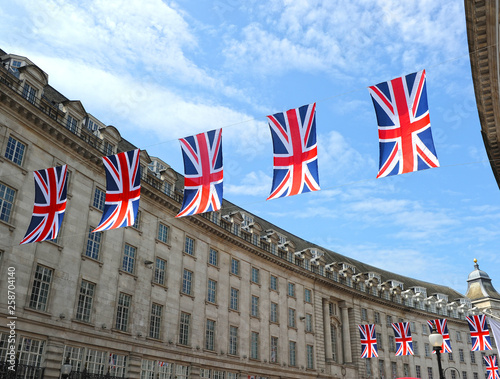 British flags decorating Regent Street in the heart of the city, London, England UK