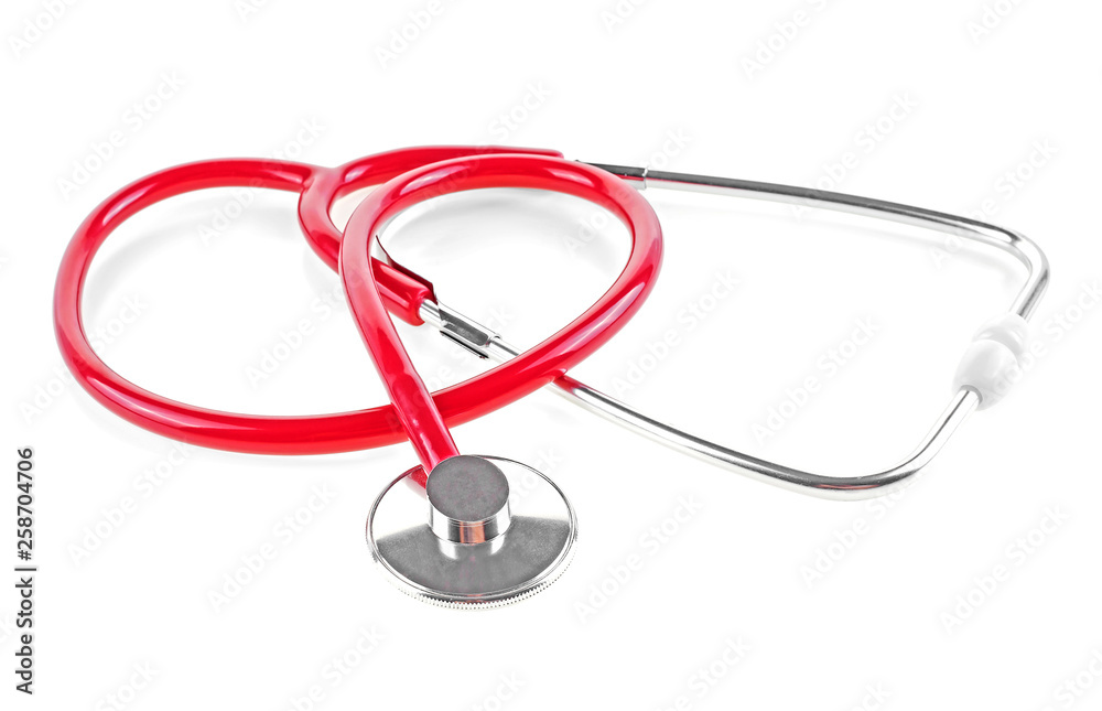 Close-up of red stethoscope on a white background Close-up of red stethoscope on a white background