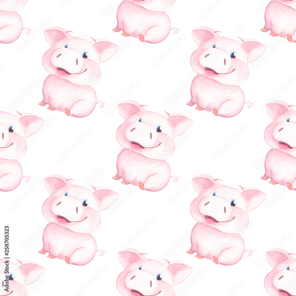 Cute little pig seamless pattern Watercolor piglet