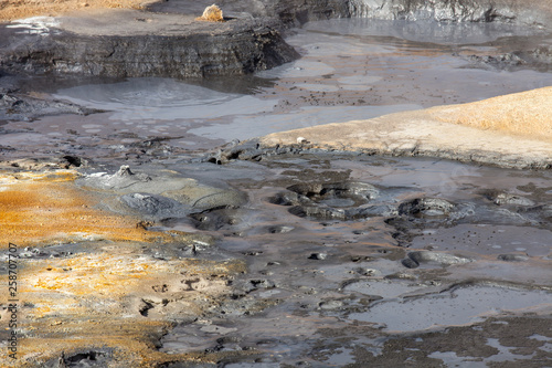 Iceland geothermal zone Namafjall - area in field of Hverir. Landscape which pools of boiling mud and hot springs. Tourist and natural attractions.