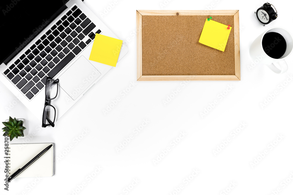 Creative flat lay photo of modern workplace with laptop, top view laptop background and copy space on white background, Above view shot of Computers on white background
