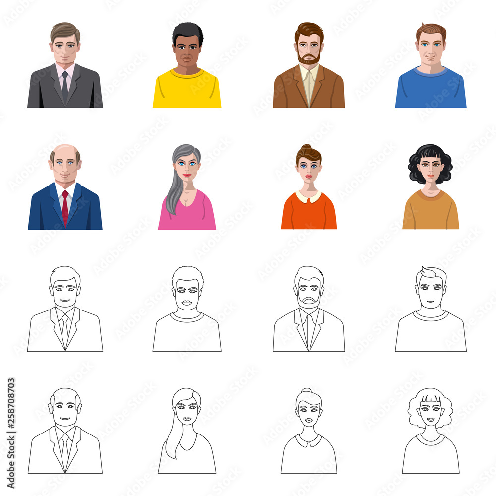 Vector illustration of hairstyle and profession sign. Collection of hairstyle and character vector icon for stock. Vector illustration of hairstyle and profession sign. Collection of hairstyle and character vector icon for stock.