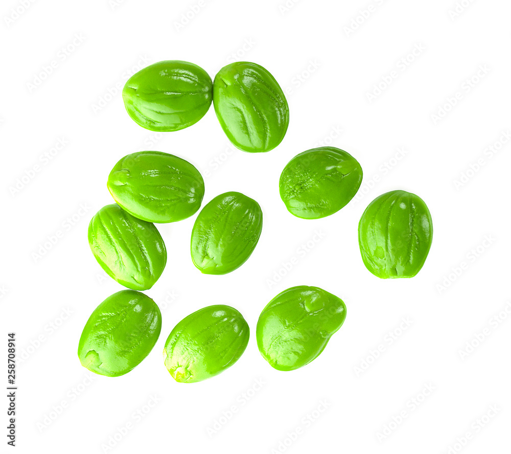 Parkia speciosa seeds or bitter bean on white background