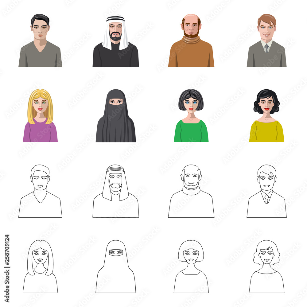 Vector design of hairstyle and profession sign. Set of hairstyle and character vector icon for stock. Vector design of hairstyle and profession sign. Set of hairstyle and character vector icon for stock.