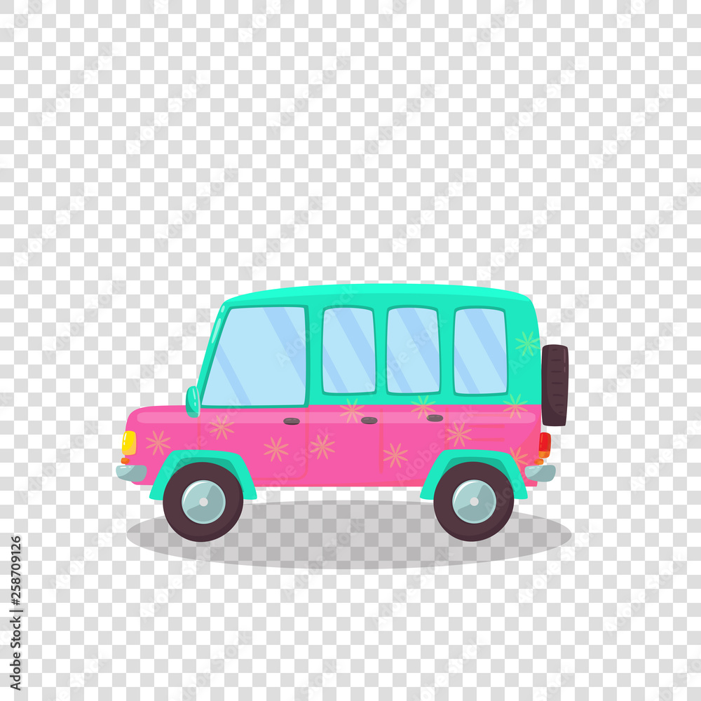 Pink, Green Colorful Modern Car with Flowers Print