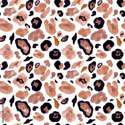 Leopard or cheetah skin seamless pattern on white background.Watercolor hand painted wild animal coat print with brown  beige and black spots for textile  clothes  fabric  Exotic wallpapers. 