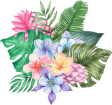 Watercolor illustration of tropical leaves and flowers