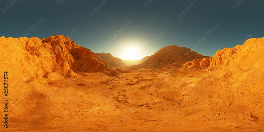 360 degree panorama of Mars sunset, environment HDRI map. Equirectangular projection, spherical panorama. Martian landscape, 3d rendering