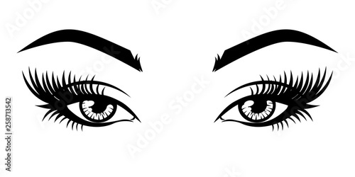 Eyelash extension logo. Vector illustration of eyes with long eyelashes and make-up.