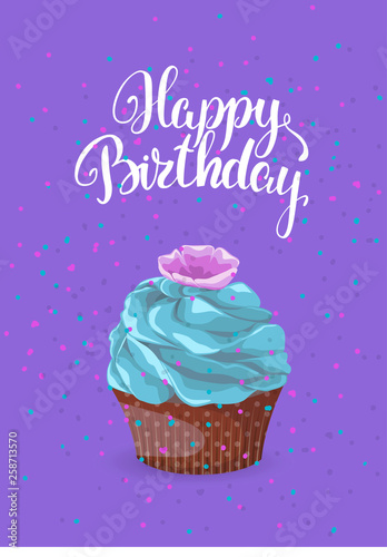 Sweet dessert on a bright background with an inscription greeting card. Happy birthday chocolate cake with cream and cookies on a purple background  template vector