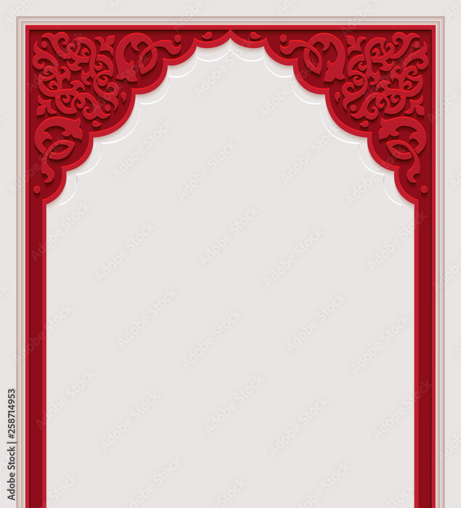 Red stylized door in arabic architectural style arch with ornamental patterned stone relief of islamic mosque,greeting card for Muslim holidays Red stylized door in arabic architectural style arch with ornamental patterned stone relief of islamic mosque,greeting card for Muslim holidays