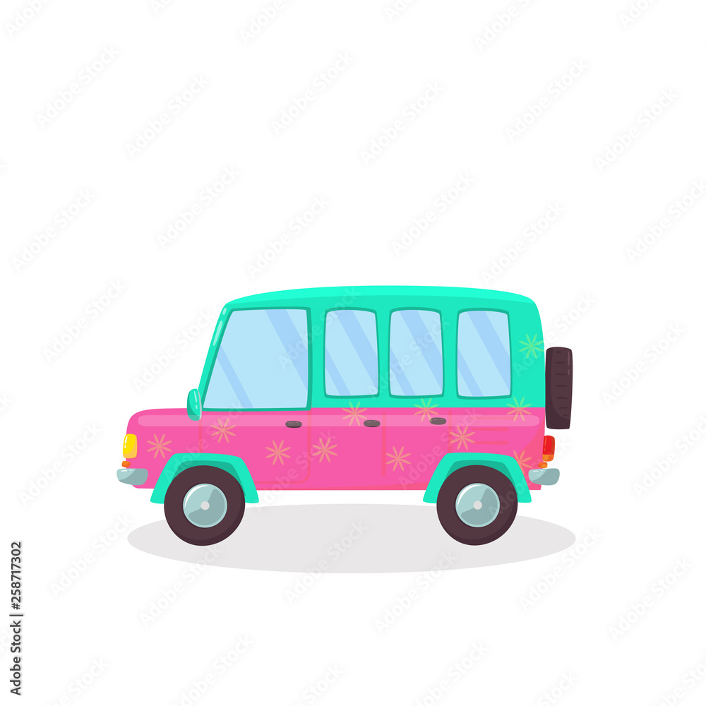 Colored Modern Car with Flowers Pattern Isolated.