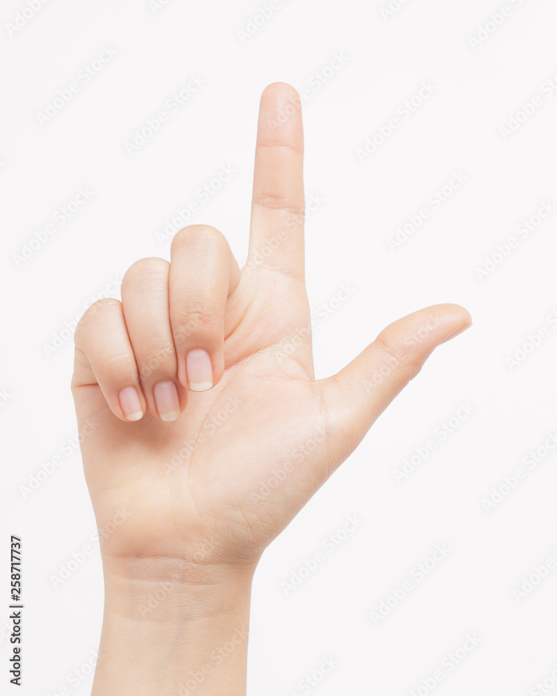 Woman hand showing on white background Woman hand showing on white background