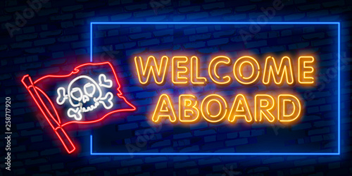 Welcome Aboard Neon Text Vector. Welcome neon sign, design template, modern trend design, night neon signboard, night bright advertising, light banner, light art. Vector illustration