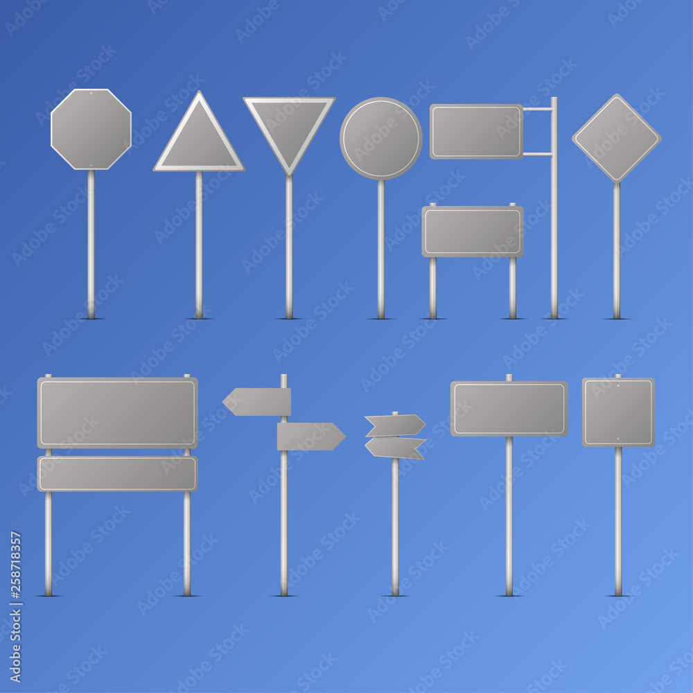 Traffic road realistic metal signs vector icons set isolated illustration. Collection of signage signal warning sign stop danger caution speed highway empty parking street board direction signboard