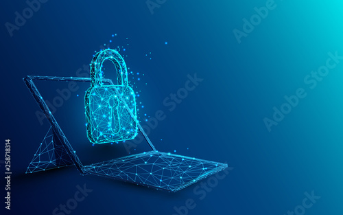 Laptop with padlock and security concept from lines, triangles and particle style design. Illustration vector