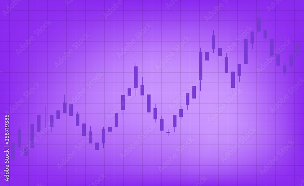 Chart of forex candles, stock market. Purple background with grid. Registration of trade on the stock exchange, advertising, banners. The candlestick chart is going up, a growing trend. Chart of forex candles, stock market. Purple background with grid. Registration of trade on the stock exchange, advertising, banners. The candlestick chart is going up, a growing trend.
