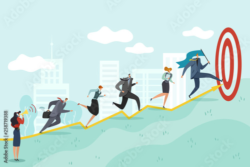Running to target. Business persons racing to success corporate professional reaching, ambition goals vector concept