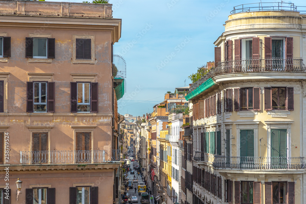 Narrow Rome street view from above, Italy