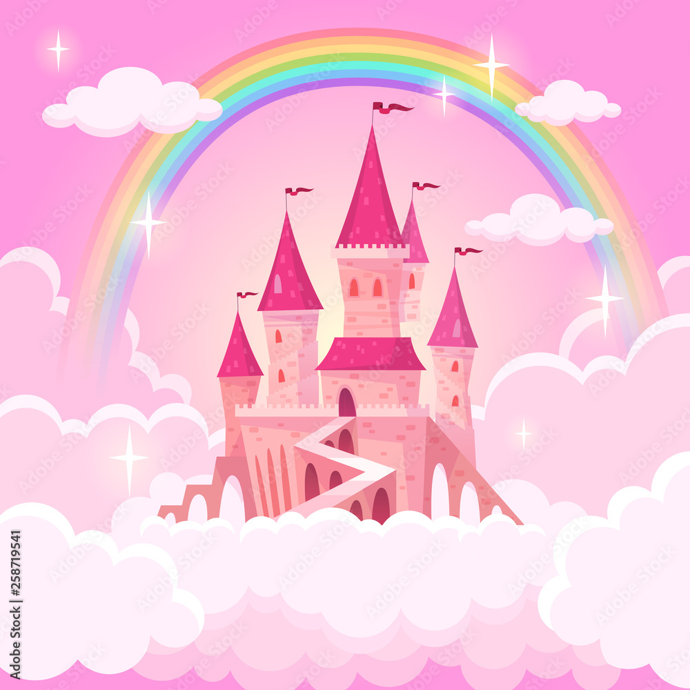 Obraz premium Zamek księżniczki. Fantasy latający pałac w różowych magicznych chmurach. Bajkowy królewski średniowieczny pałac raju. Ilustracja kreskówka wektor