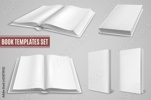 White book templates. Blank open book covers, closed brochure covers. Empty textbook with hardcover. Isolated vector mockups