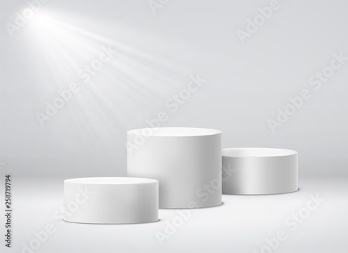 Winners pedestal. White 3d geometric studio podium with spotlights. Empty pedestals vector isolated illustration